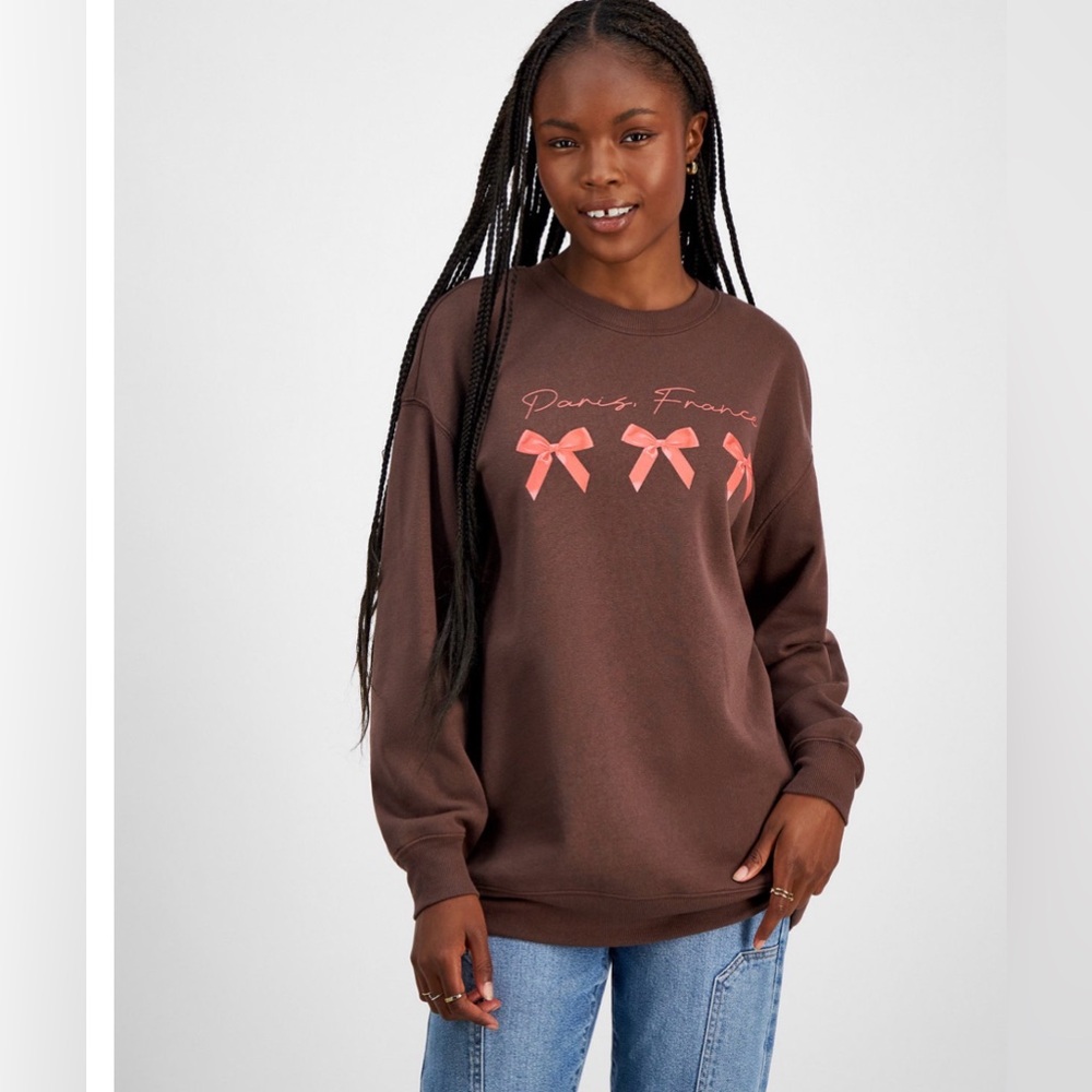 Women’s Brown Graphic Sweatshirt with Pink Bow Accents
